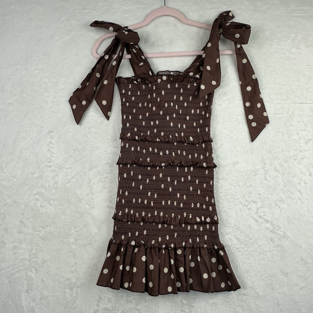 Mable S Brown Bow Straps Polka Dots Cut Dress Tiered Body Con